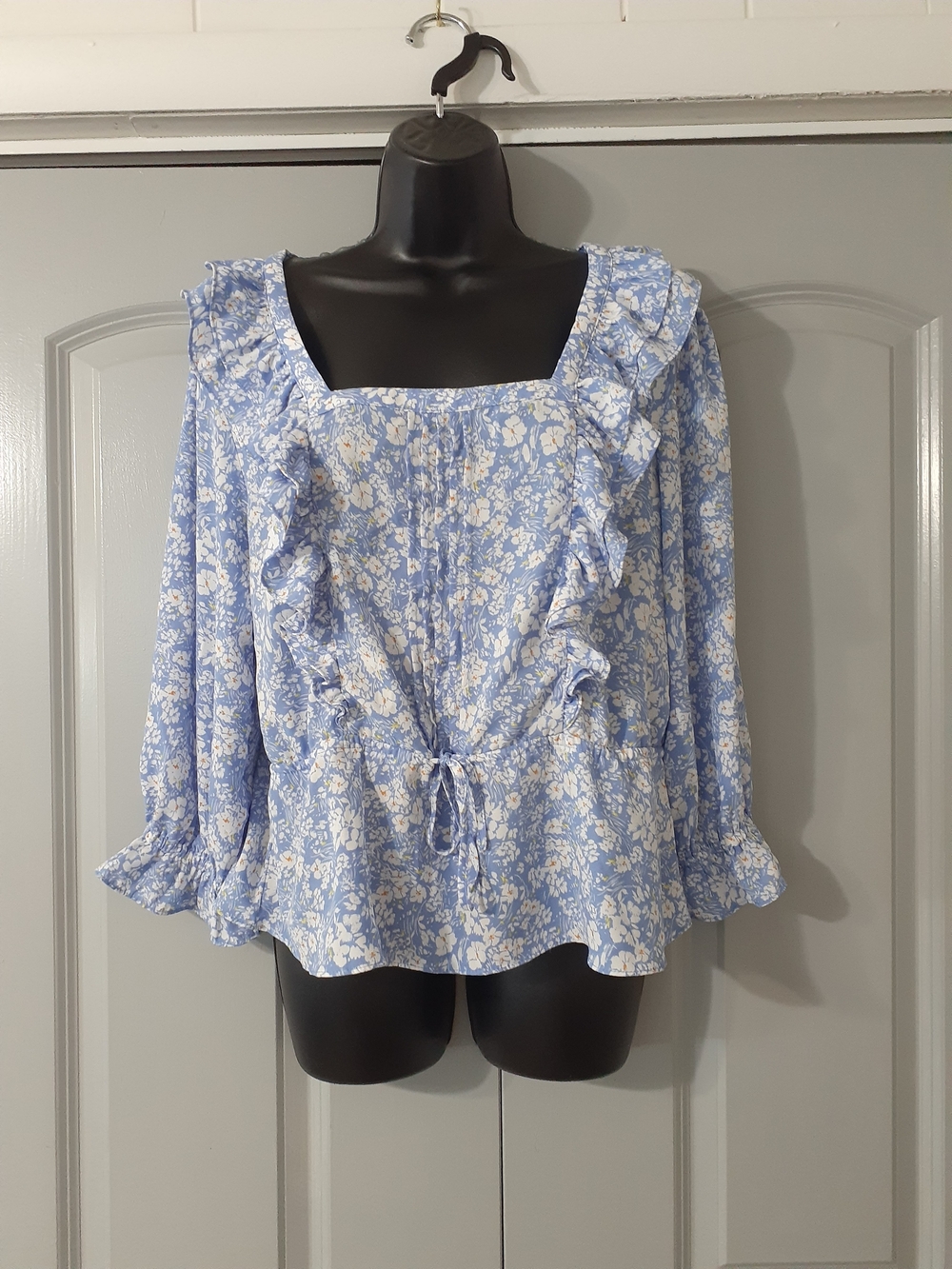Eclair Blue Ruffled Square-Neck Tie-Waist Blouse